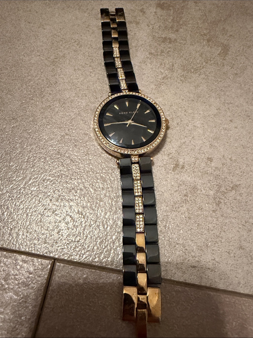 Anne Klein Black and Gold Crystal Link Bracelet Watch